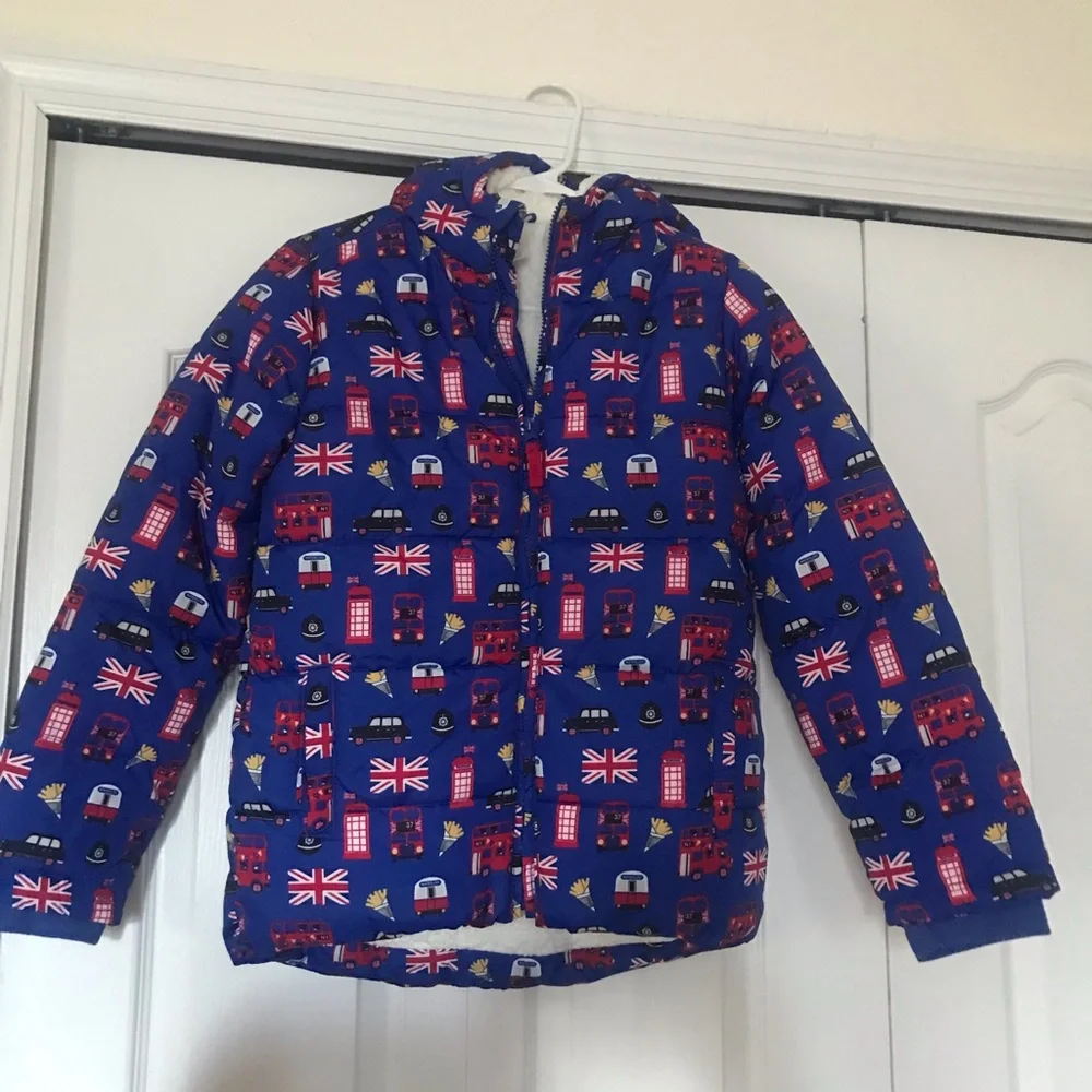 Gymboree Kids Blue Hooded Puffer Jacket with British Print NWOT Size 12